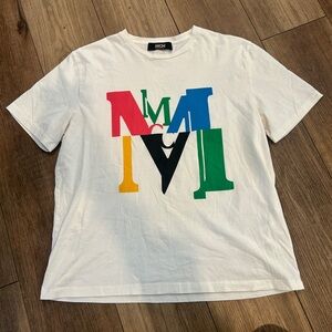 MCM White Tee with Multicolor Logo Size Large in Great Condition